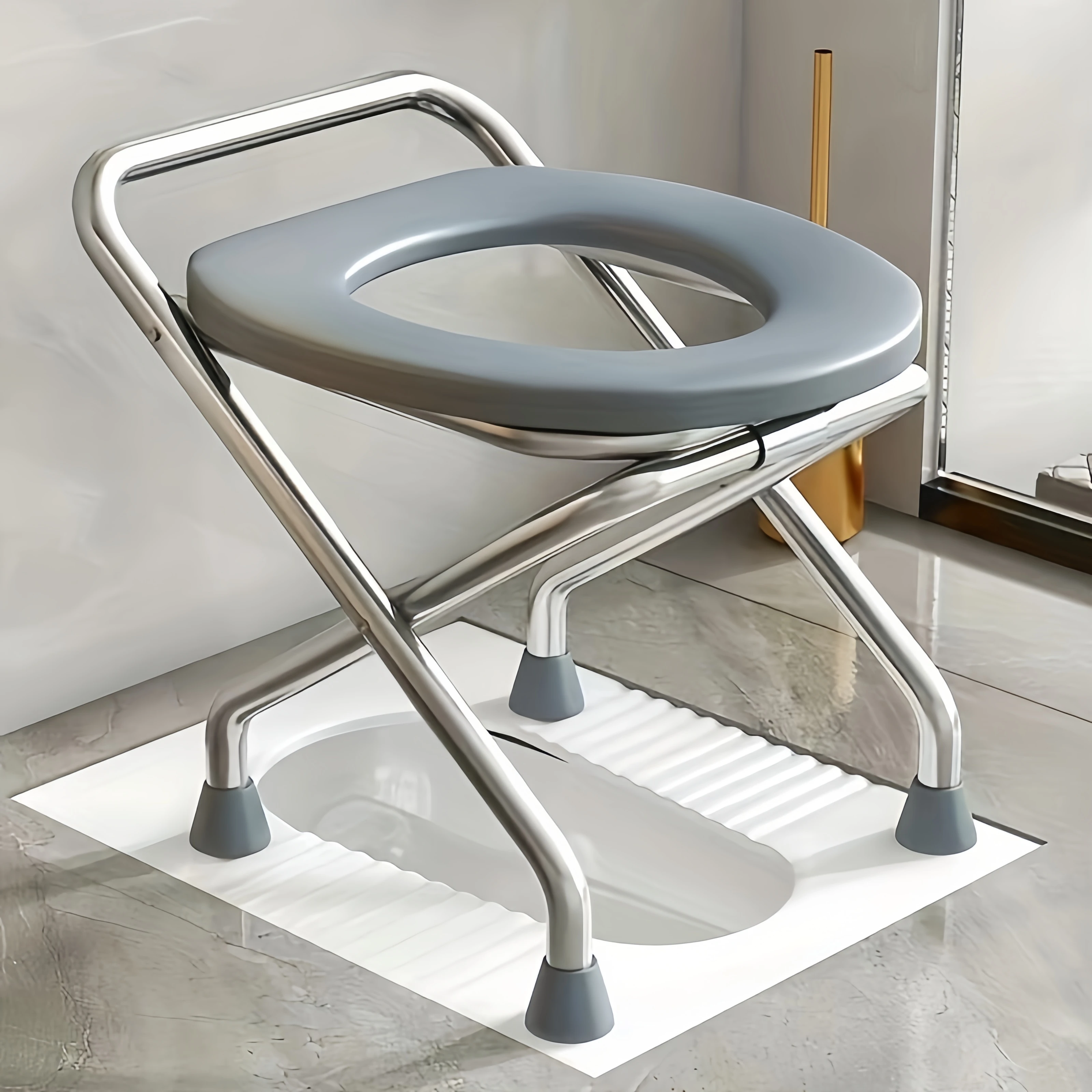 مرحاض من الفولاذ المقاوم للصدأ، طقم مجاني مكون من 3 قطع (وسادة مقعد + وسادة قدم + لوح حمام)، حامل عالي ومستقر، يمكن استخدامه في المرحاض والاستحمام، مناسب للاستخدام الخارجي والداخلي، مناسب لسيناريوهات متعددة