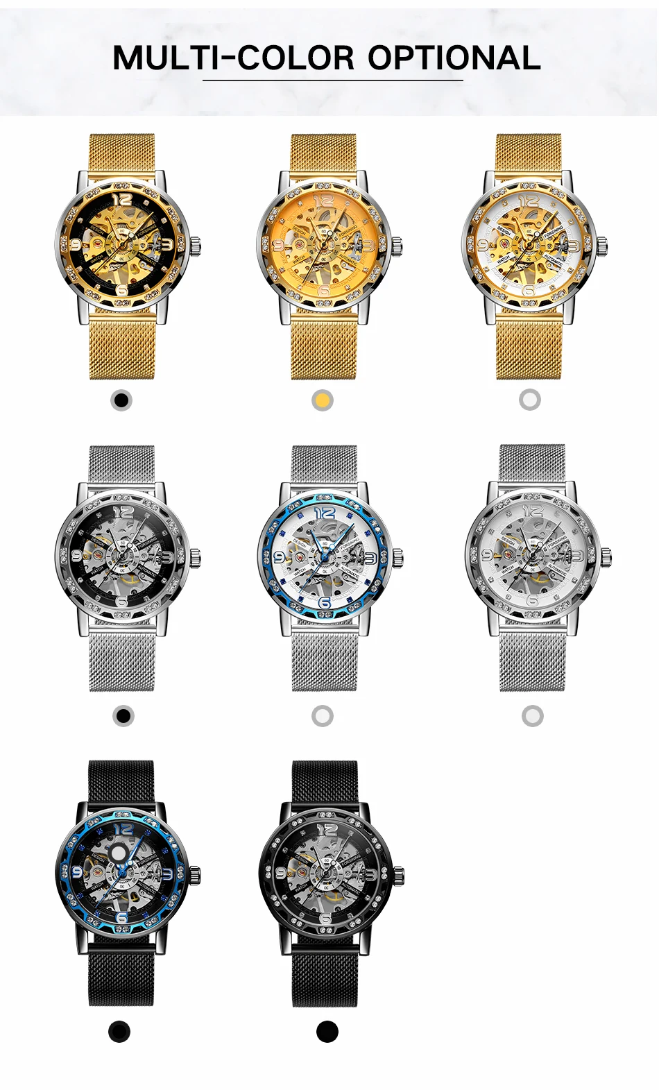 Forsining Fashion Diamant Gouden Sliver Skelet Mechanisch Horloge Rvs Mesh Lichtgevende Heren Horloges Zakelijk Polshorloge