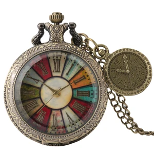 Roman Numerals Transparent Glass Bronze Pocket Watch Quartz Analog Necklace Pendant Clock Retro Pocket Timepiece Gifts Unisex