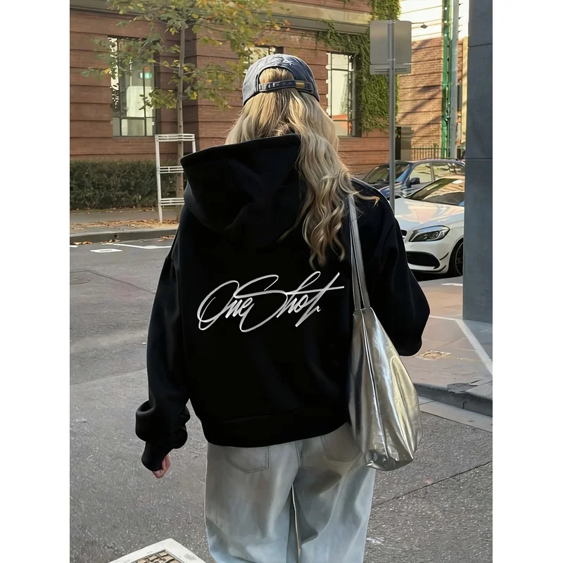 Women's American retro-style, edgy, dark, and cool letter-printed hoodie, fleece-lined sweatshirt
