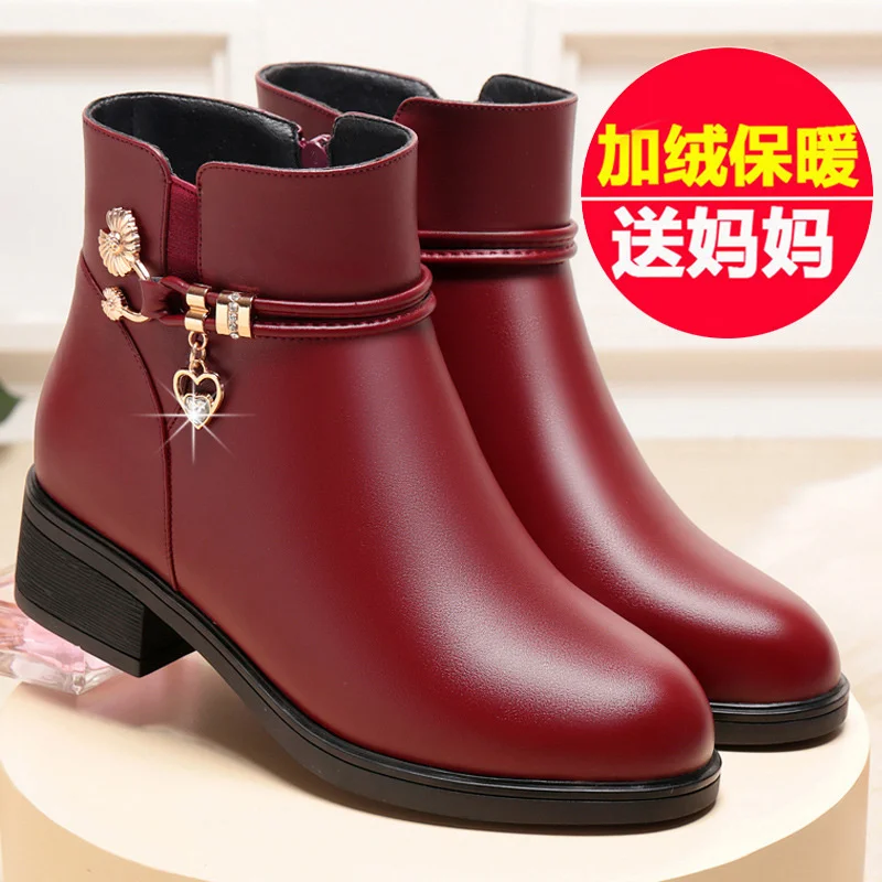 Spring Winter Soft Leather Women\'s Fleece Warm Cotton Boots Thick Wool Lined Leather Snow Platform Short Boots