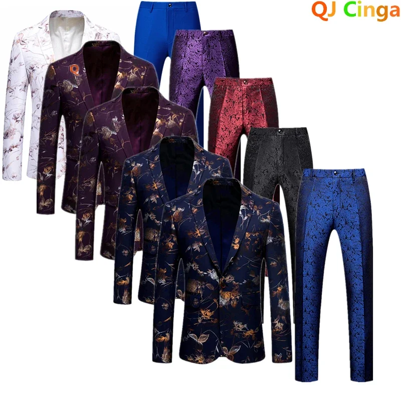 Men's White Printed Suit Two-piece, Autumn Men Dress Jacket and Trousers, Fashionable Slim Version Terno Masculino