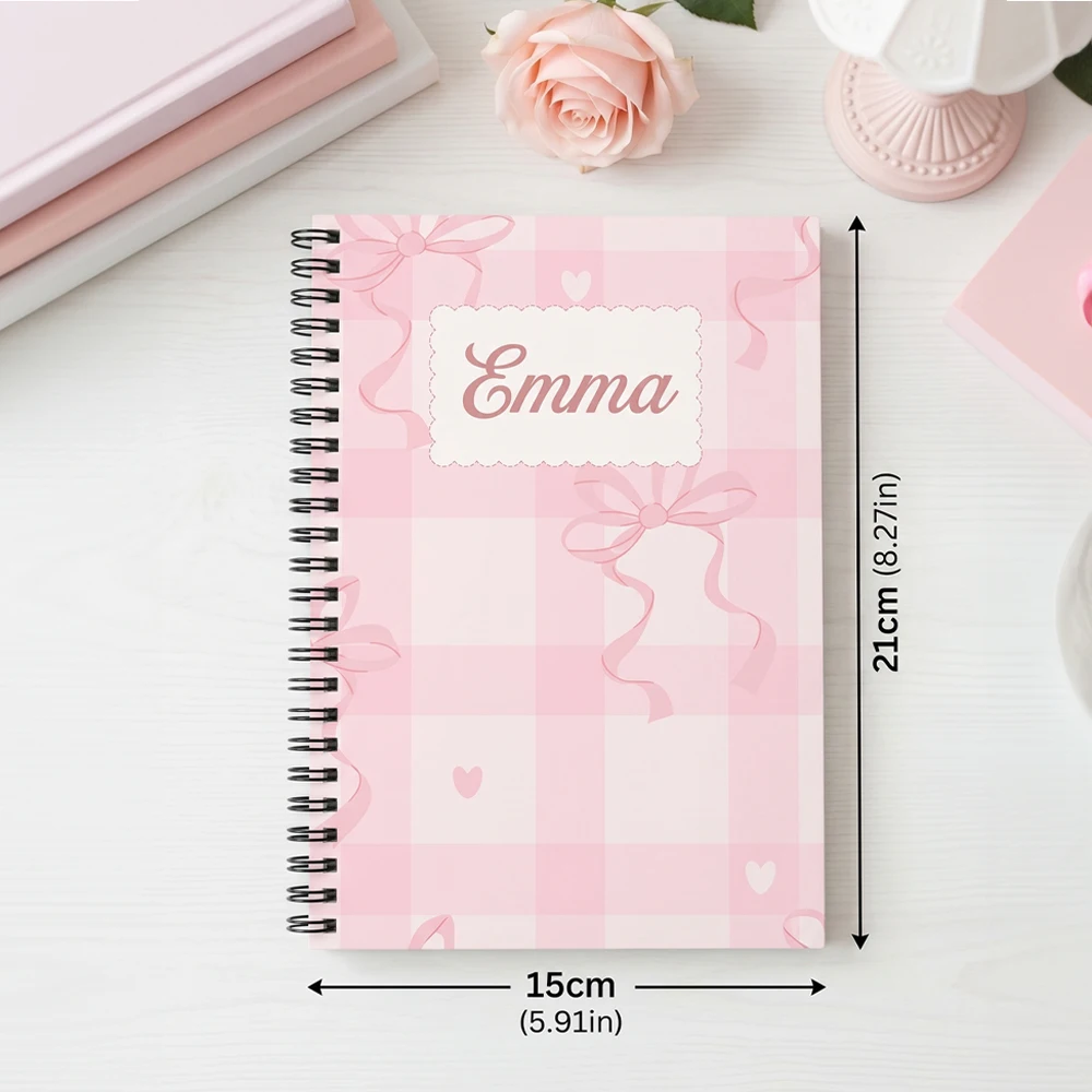 Personalized Bow Pink Gingham Notebook,Custom Name Journal,Lined White Inner Sheets,Birthday Keepsake,Meeting Room Writing