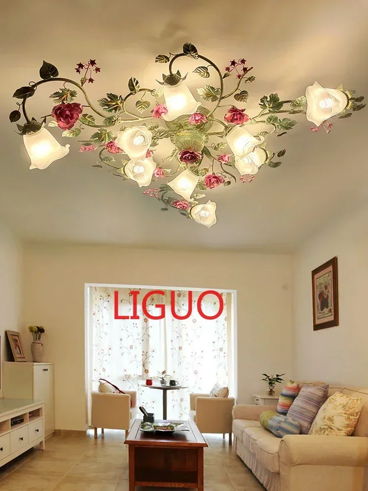 

American Country Ceiling Lamp in the Living Room Pastoral Style Lighting Flower Bedroom Romantic Rose