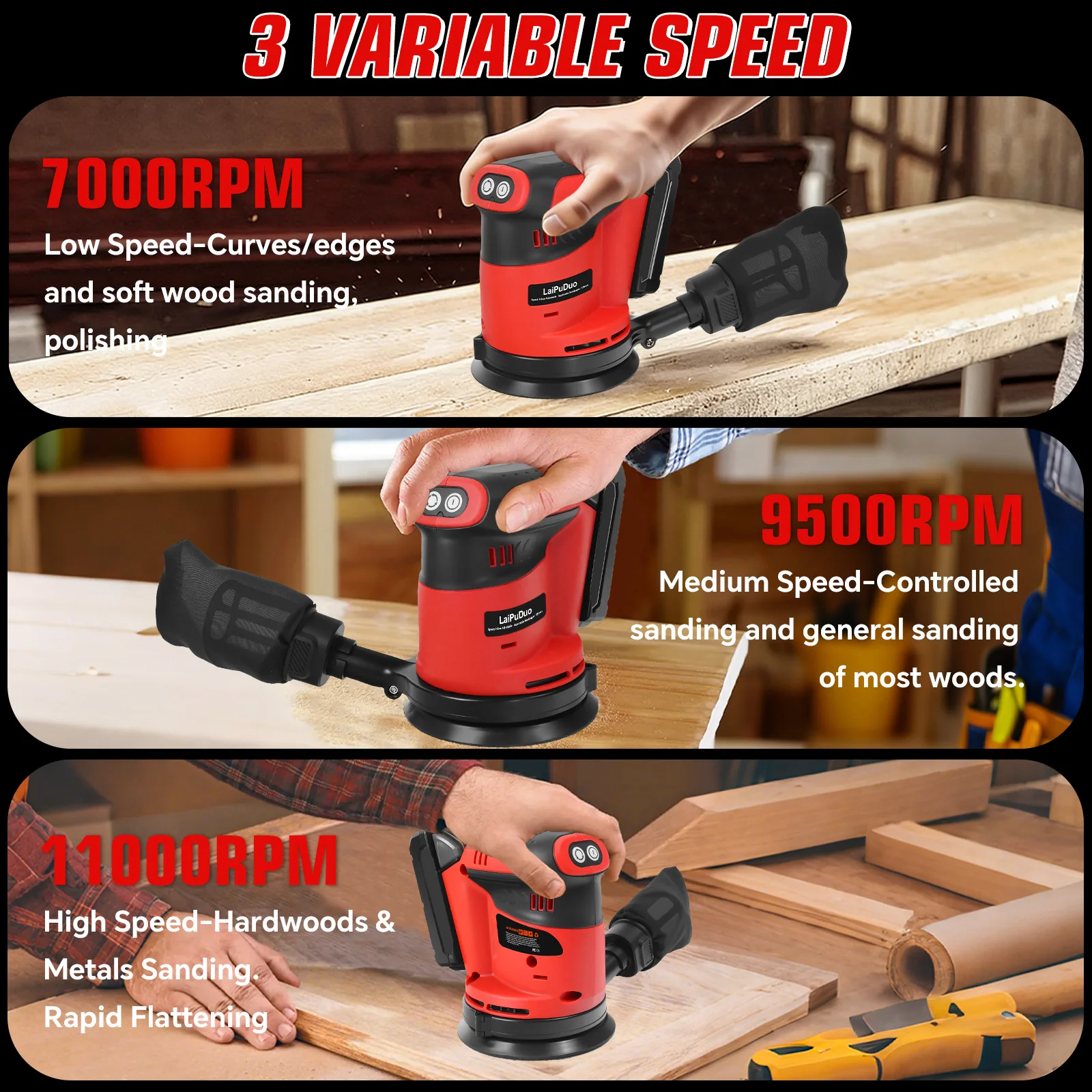 125mm Random Orbital Sander Cordless Sanding Machine 3 Variable Speed Electric Sander Woodworking for Milwaukee 18V Battery Pin - view 3