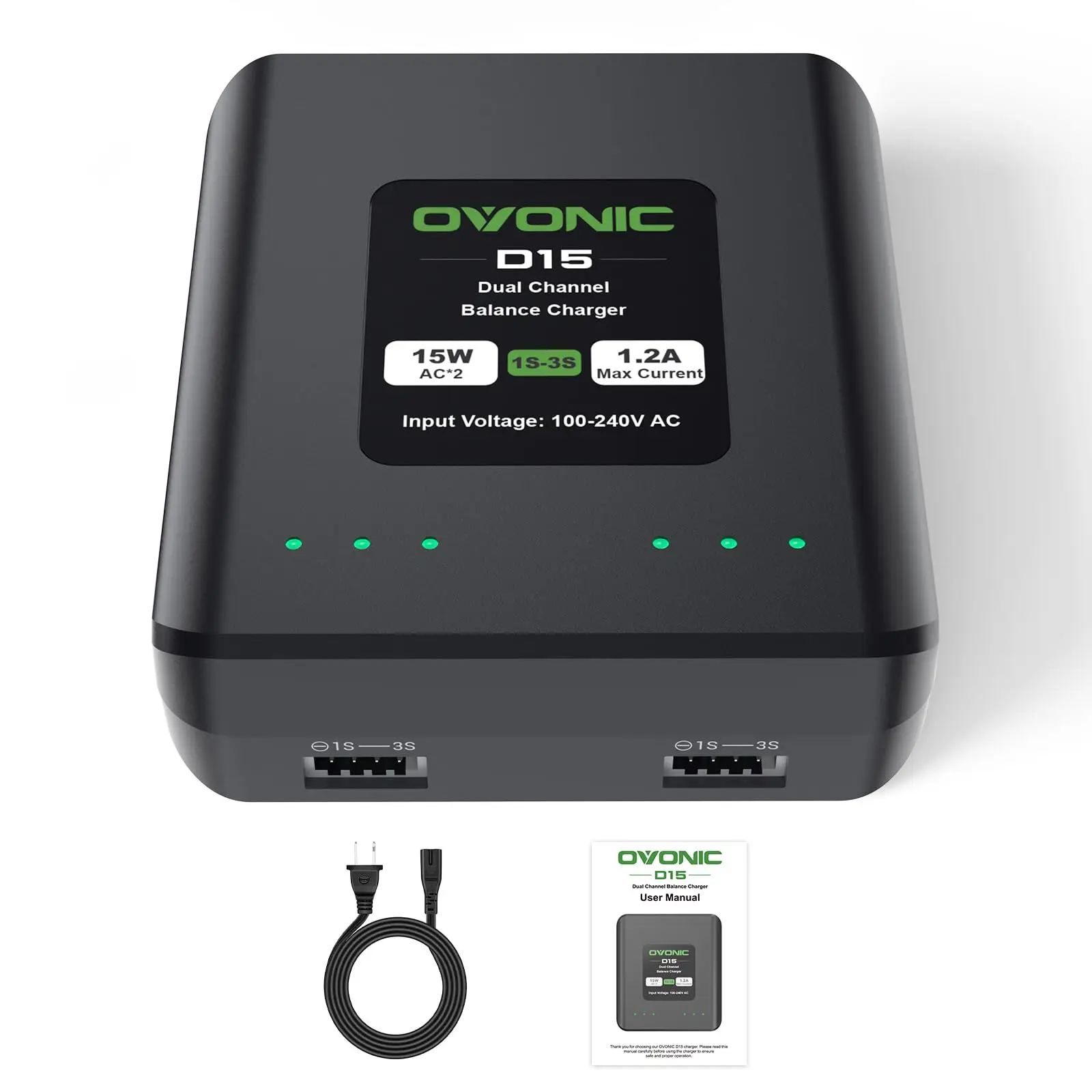 OVONIC D15 Dual LiPo Battery Charger 30W AC100-240V Balance Charger for 1S-3S LiPo Batteries High Power Fast Charging