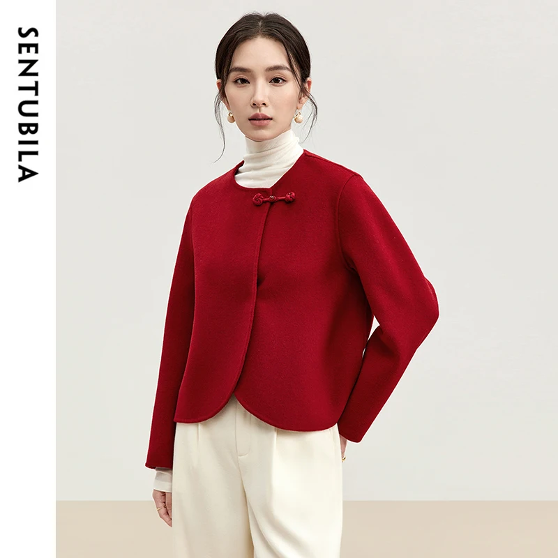 SENTUBILA 100% Wool Red Jackets Women Short Coat 2024 Winter Chic Button Double Faced Wool Crop Outerwear Female W44O56627