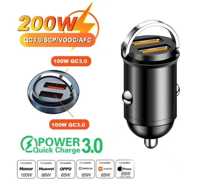 Cargador de coche mini de doble puerto, 100W 200W, carga rápida, 12 24V, cargador USBC para iPhone, Samsung, Huawei, Xiaomi, adaptador de coche, carga rápida