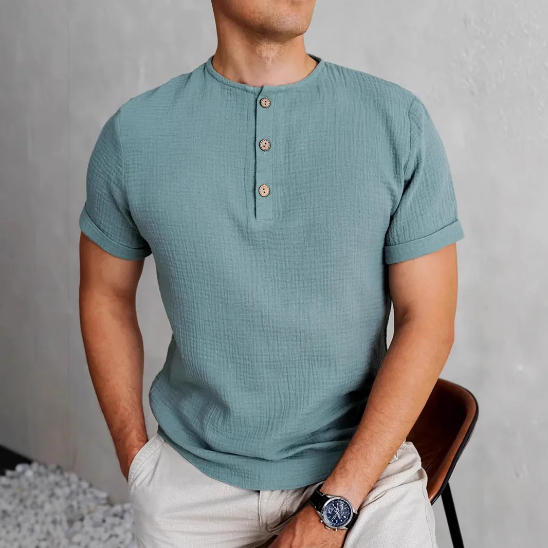 

2025 Новая летняя повседневная однотонная модная мужская рубашка на пуговицах с круглым вырезом Henley
