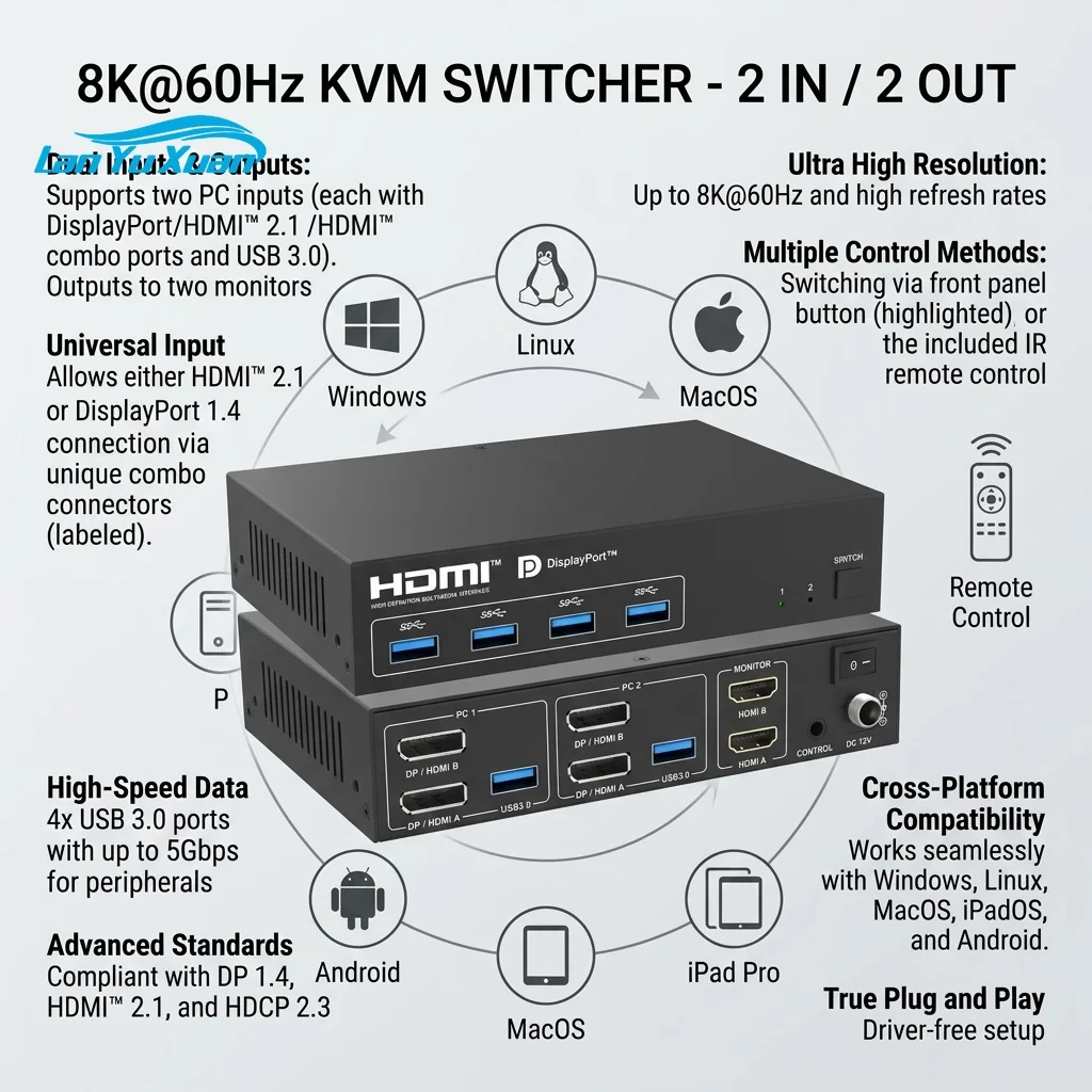 PINWEI 8K60 2-Port DP/HDMI KVM Switch 2 to 2 Monitors, HDMI 2.1 KVM Switcher USB 3.0 5Gbps Triple Monitor, Plug & Play