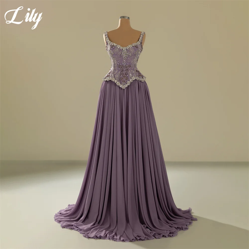 Vestido de Fiesta Lila Lily con Tirantes Finos, Vestido de Noche con Corsé de Cuentas, Vestido Formal de Gasa con Corte en A, Vestido de Gala Fluido Personalizado