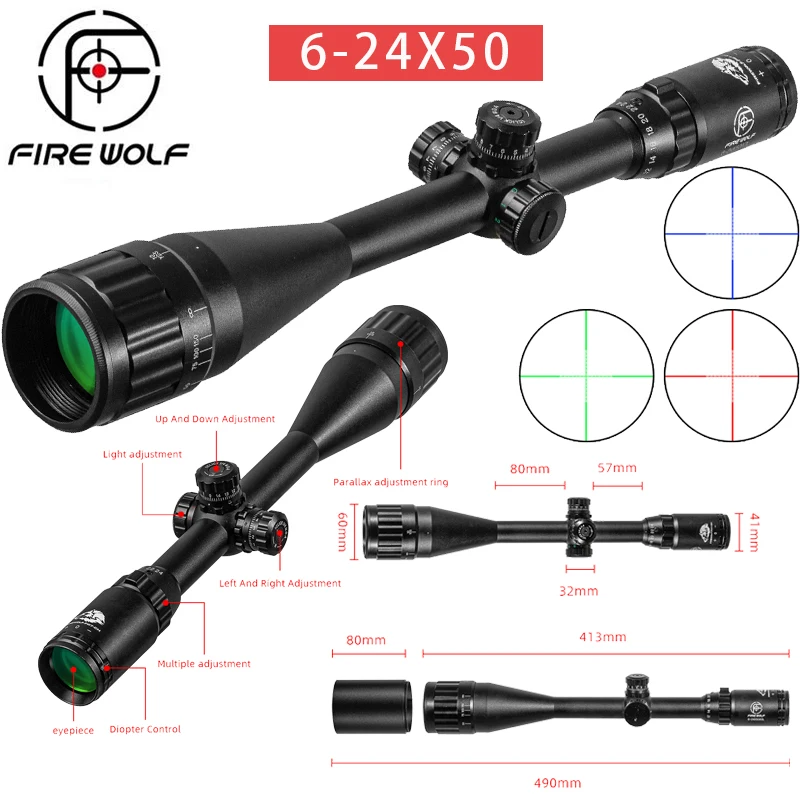 FIRE WOLF 6-24x50 Hunting tactical optics cross red light rifle scope Green Red Illuminated Turret lock sniper airsoft air sight