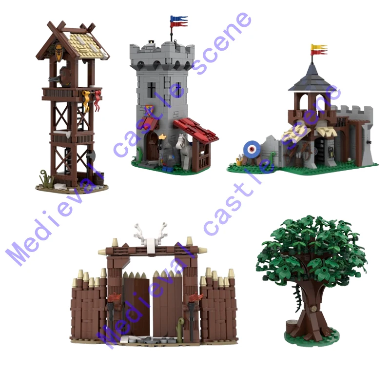 MOC Small Pieces Assembled Building Blocks Medieval Building Castle Viking Tower Archery Range Watchtower Tree Scene Toy Gifts