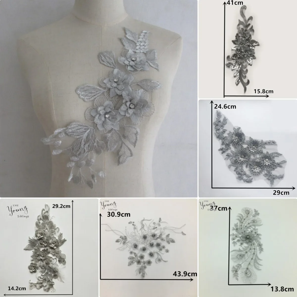 Ventas al por mayor de 1-10 piezas de cuentas de uñas de poliéster plateado gasa tridimensional costura encaje accesorios de ropa decorativos