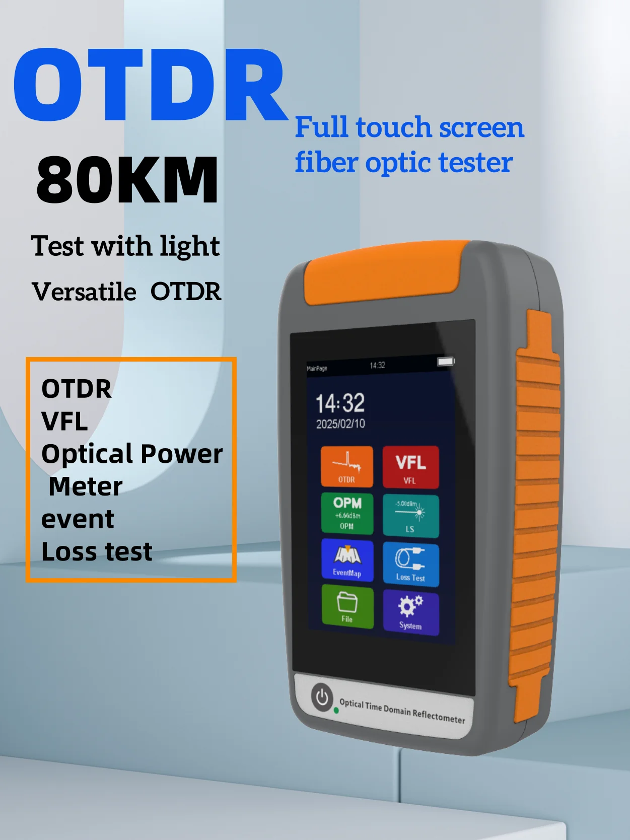 

HJ35 OTDR 1310nm1550nm or 1610nm1625nm1650nm 80KM 22-20dB Optic Fiber Reflector OPM VFL Laser Source Red Light or Green Light