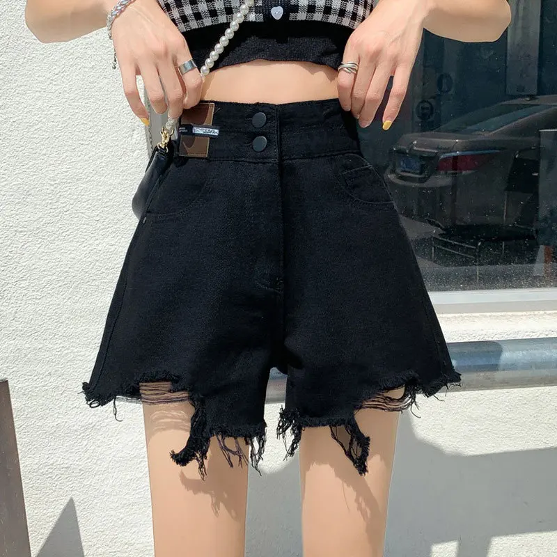 

2025 Black Hole Denim Jeans Women Summer New Ins Trendy High Waist Slim Wide Leg Loose Spicy a Word Hot Pants Women's Clothing