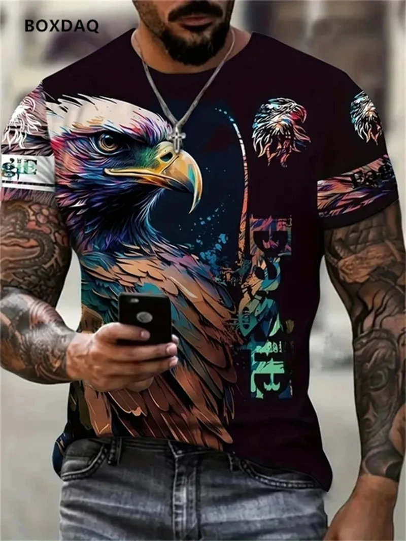 Tops casuais com decote em o solto masculino, impressão animal 3D, camiseta de rua, manga curta, tamanho grande, camiseta respirável, moda águia, 6XL