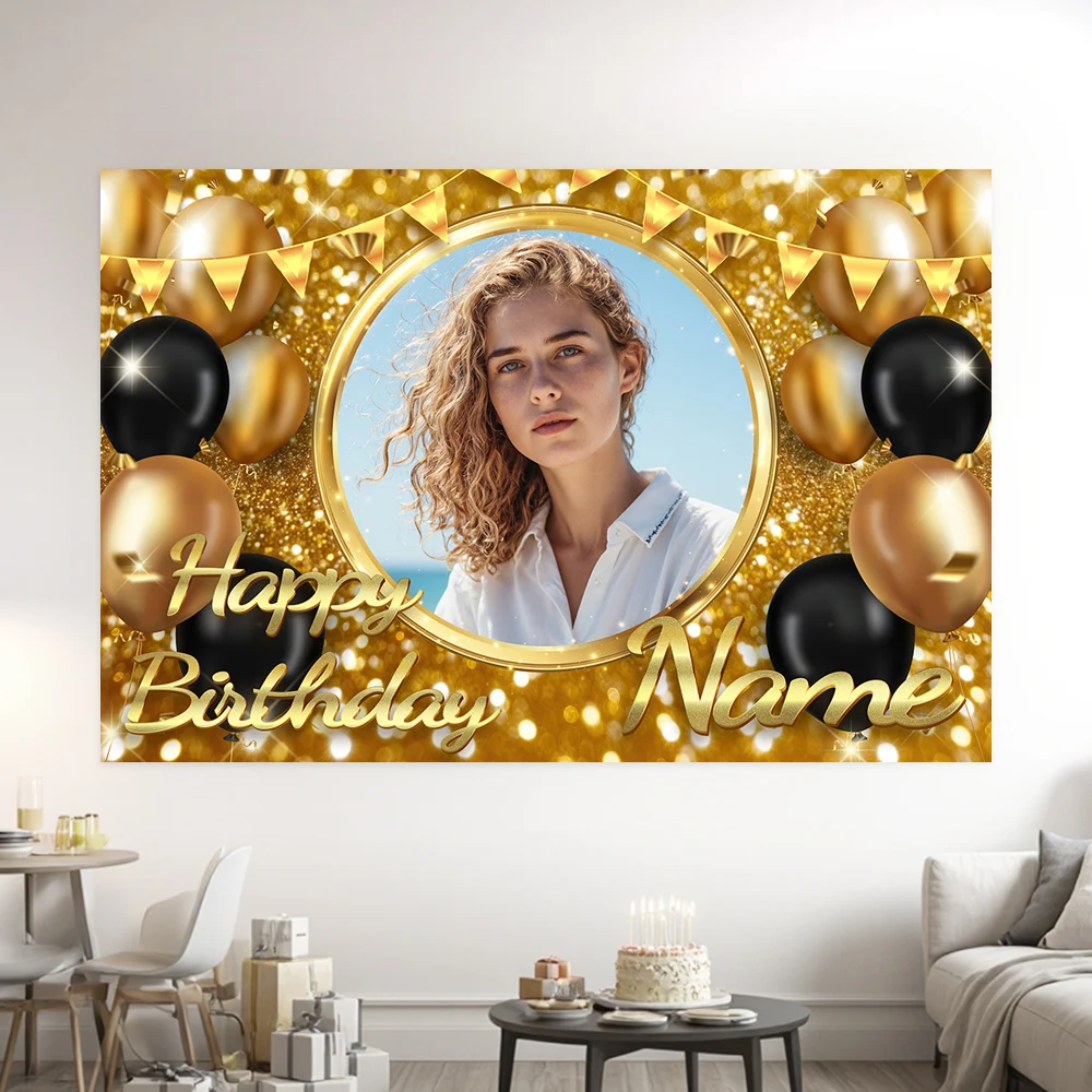 Custom Photo Name Backdrop Black Gold Glitter Birthday Background Personalized Banner for Party Photo Booth and Wall Decor 