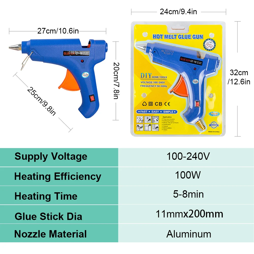 100W Hot Melt Glue Gun With 10pc 11*200mm Glue Stick Thermo Electric Heat Temperature Tool High Temp Heater Repair DIY Tool