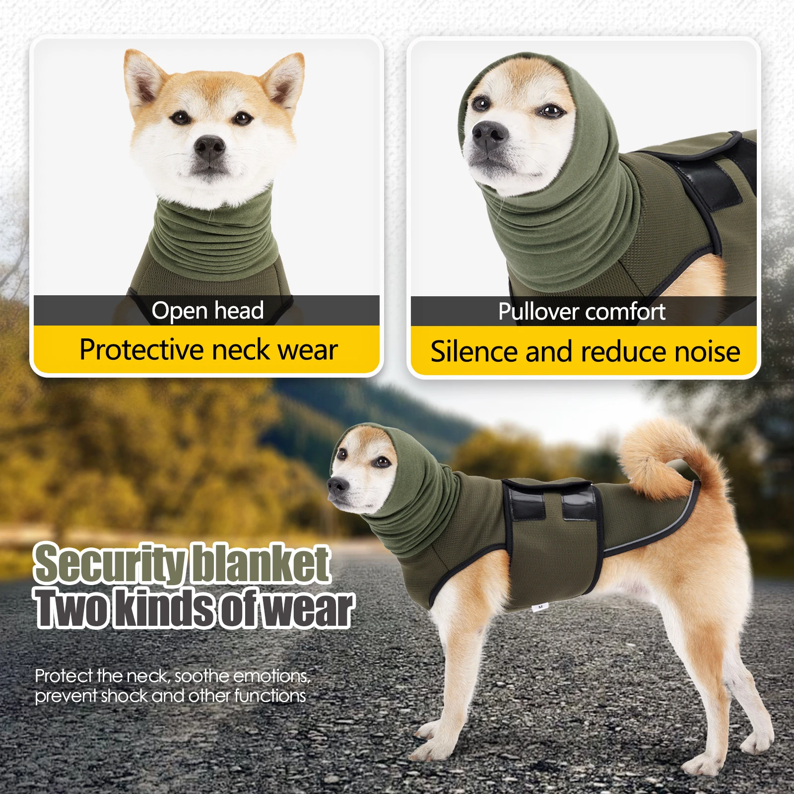 Dog wearing a snug wrap vest with neck warmer