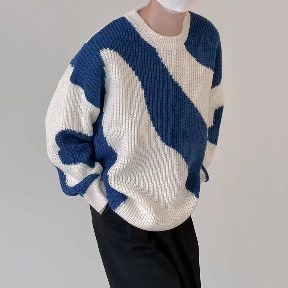 Trendy Korean Style Patchwork Contrasting Sweater for Men Y2K Versatile Soft Waxy Autumn and Winter Niche Ins Bottoming Sweater