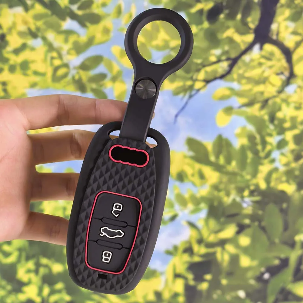 3 Buttons Carbon Fiber Grain Silicone Remote Key Cover With Key Chain, Smart Fob Case for Audi Q7 A6 C7 A1 A5 A4 B9 A3 A6 C5 Q5