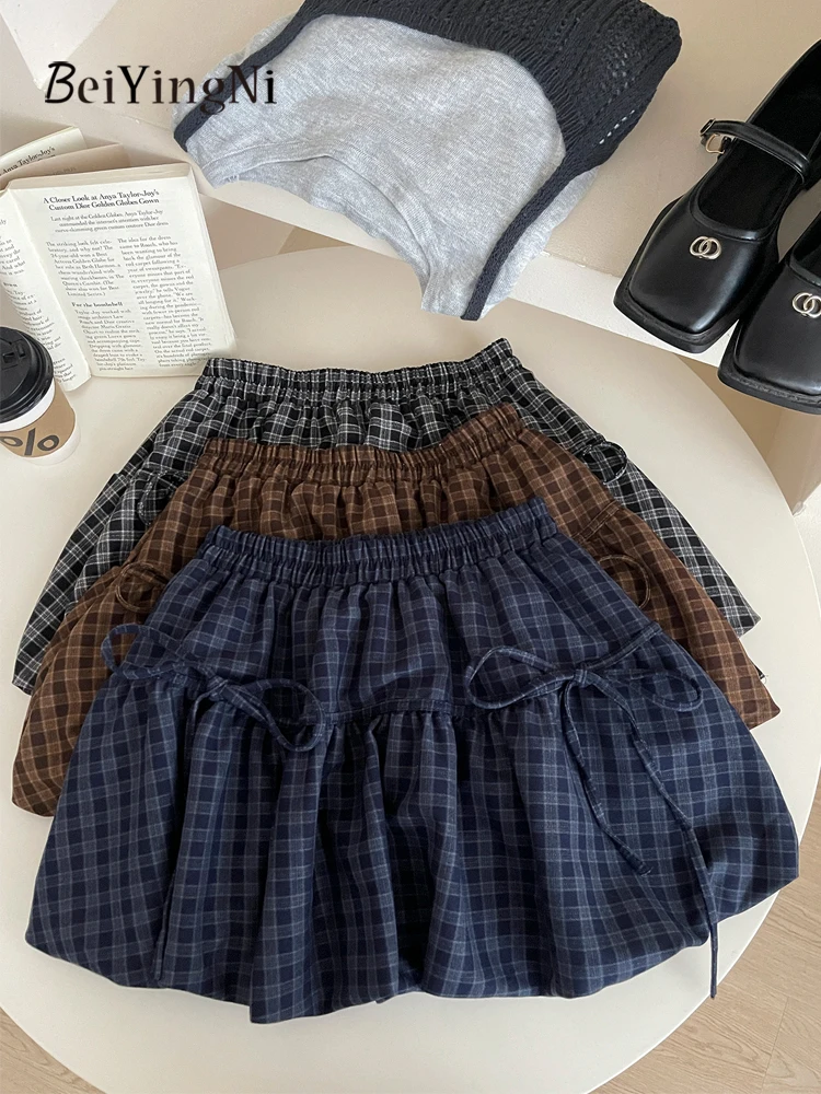 

Beiyingni 2025, корейские сексуальные мини-юбки трапециевидной формы, женские осенне-зимние юбки с бантом y2k, клетчатая пачка, короткая юбка, уличная мода Bud Faldas