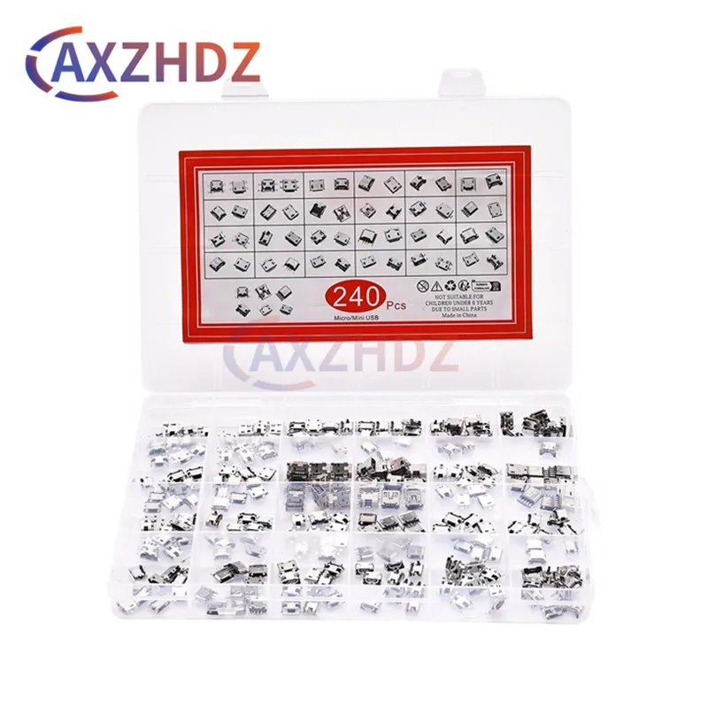 

240Pcs Micro USB Connector Kit 24 Models Female Mini Usb Soldering Connectors Diy For MP3/4/5 Samsung Huawei SMD DIP Socket Kit