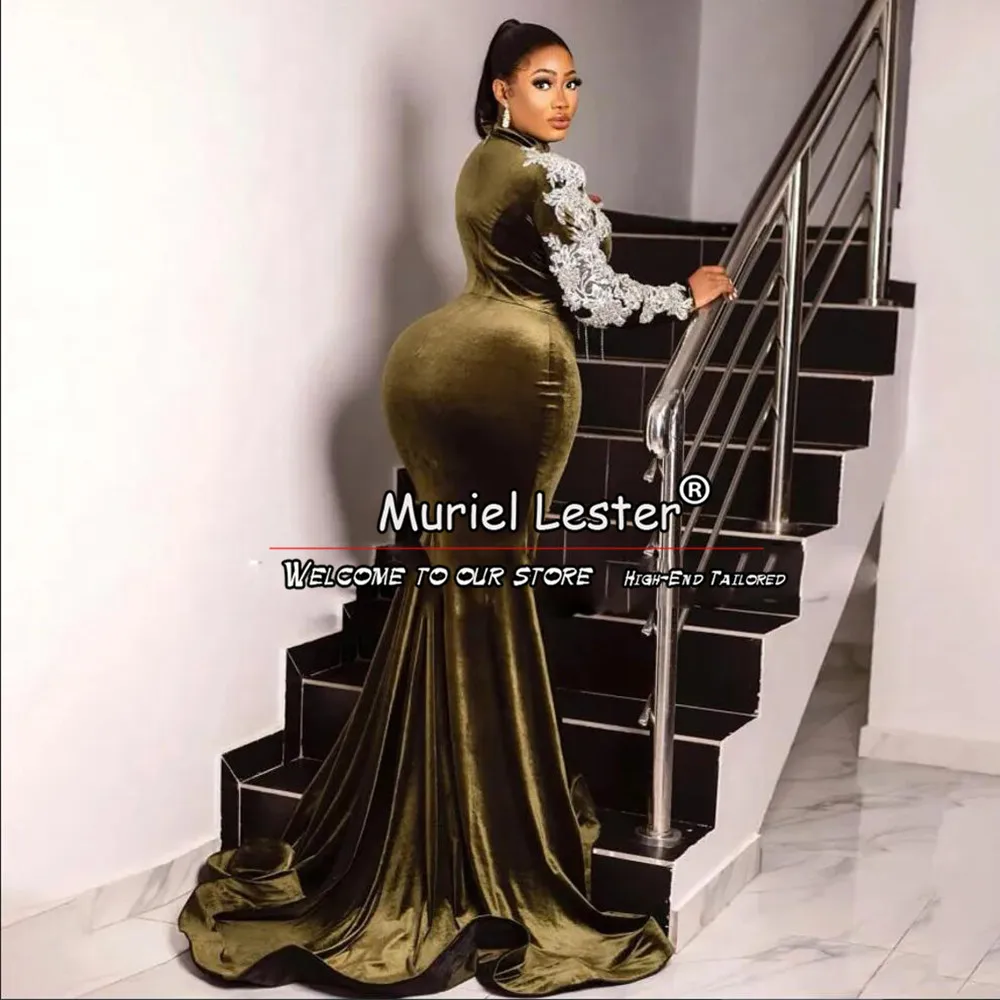 Aso Ebi Meerjungfrau Ballkleid plus Größe Bankett Abend Party Kleider lange Ärmel Applikationen Samt Frauen Kleider elegant zuges chnitten