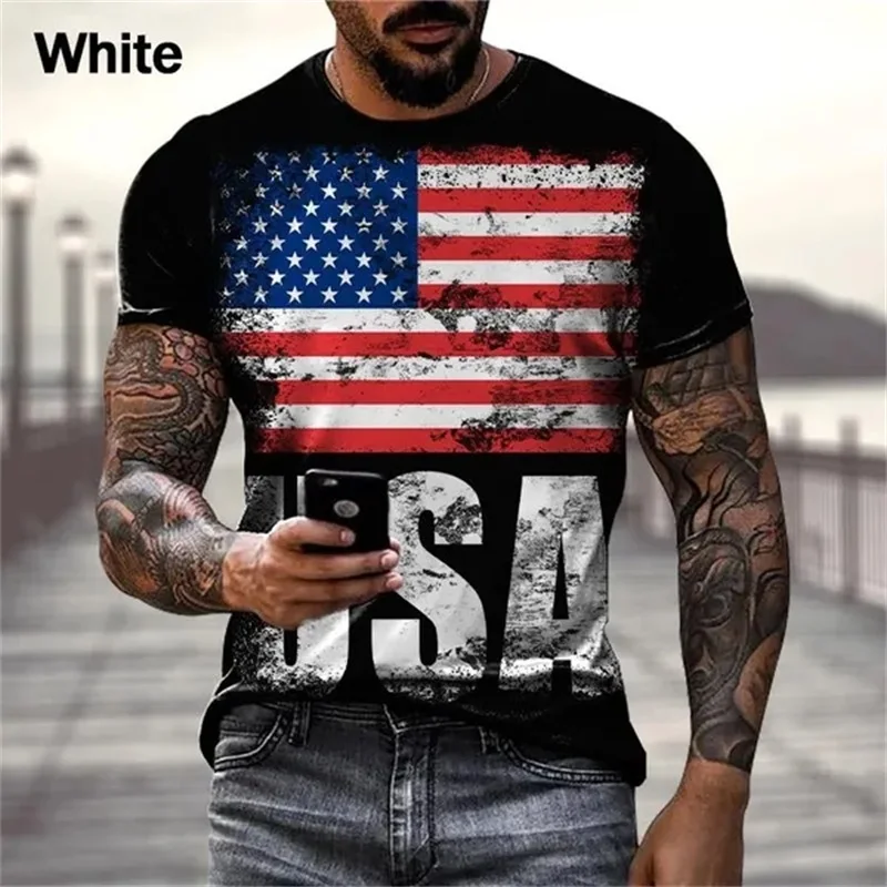 T-shirt gráfico dos homens impressos em 3D da bandeira dos EUA, manga curta, camisetas extragrandes, hipster personalizado, streetwear retro