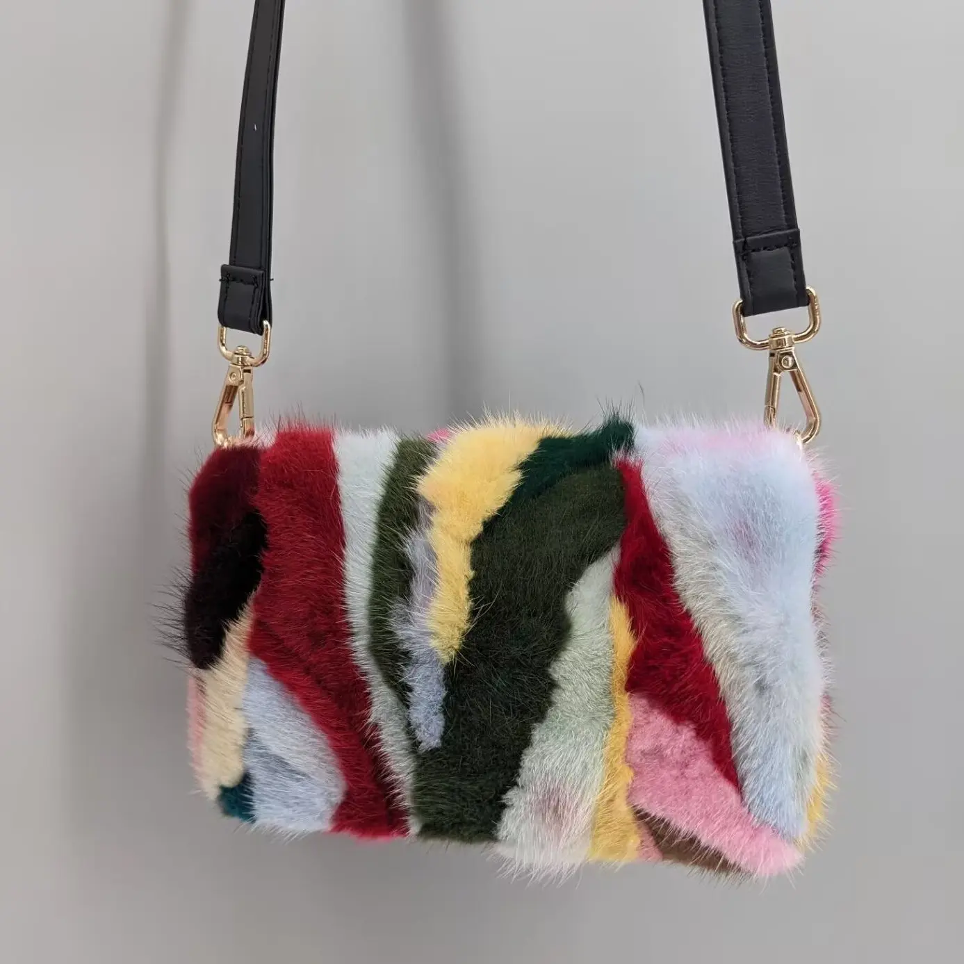 Women Rainbow Striped Patchwork Real Mink Fur Flap Crossbody Bag Color Block Adjustable Strap Fur Purse 24A0703