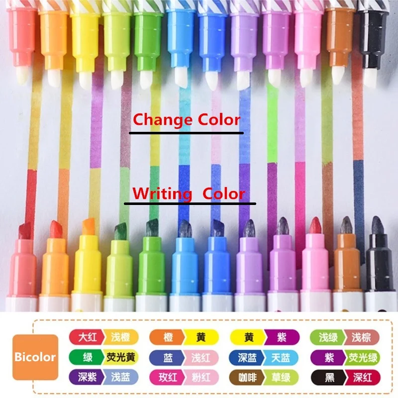 12pcs Dual Head Magic Color Changing Fluorescent Pen Student Painting Tool School Office Supply Girl Stationery Gift