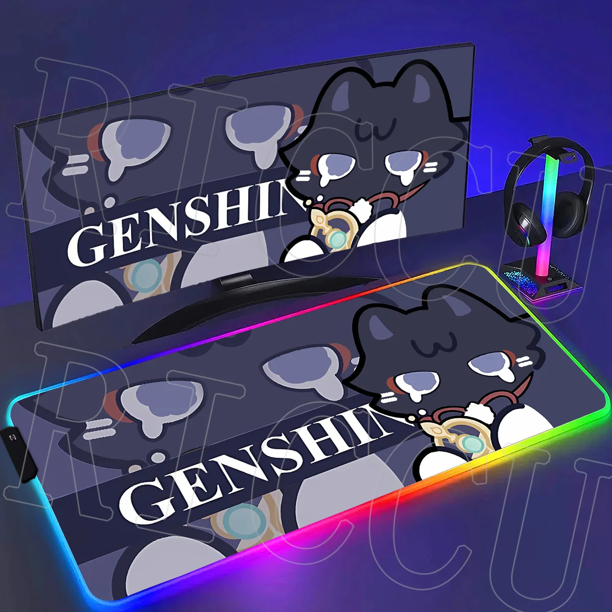 

RGB Kawaii Anime Game cute XXL Genshin Impact Cat Rug anti-slip rubber Mouse Pad Non-slip Keyboard LED Desk Mat 80x40cm Mousepad