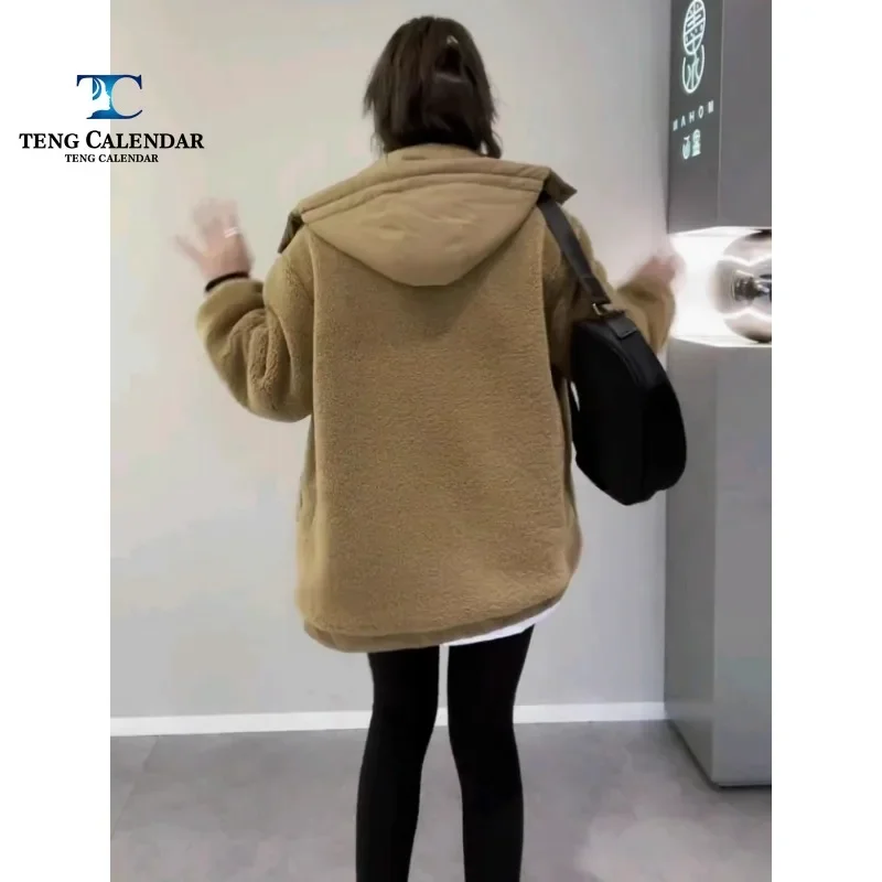 Women's Winter Jacket, Imitation Lamb Plush Hooded Jacket with Cotton Clip, Medium Long Fleece Loose Cotton Jacket,