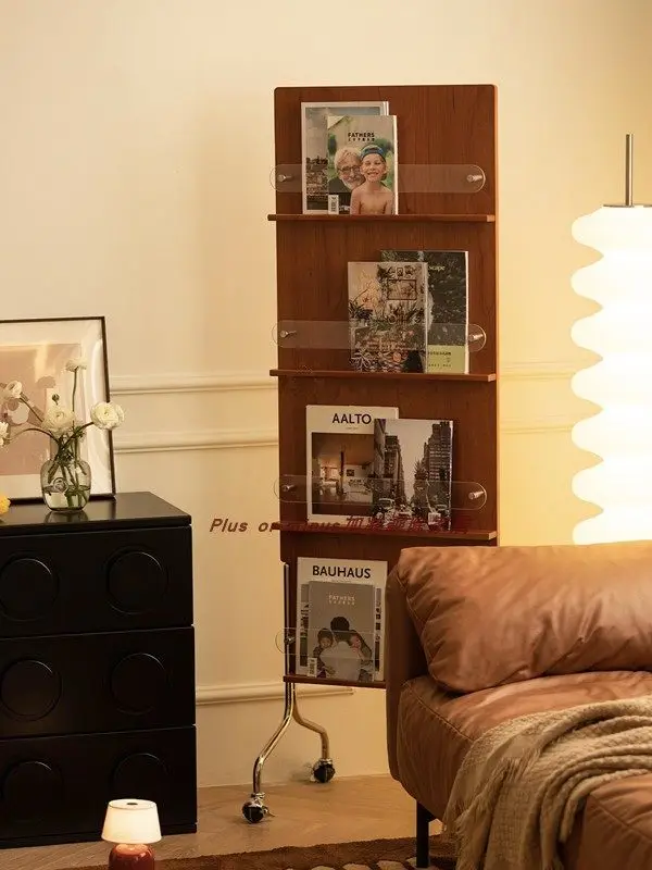 

Retro solid wood magazine newspaper rack display bookshelf floor rack with wheel medieval storage photography prop decoration