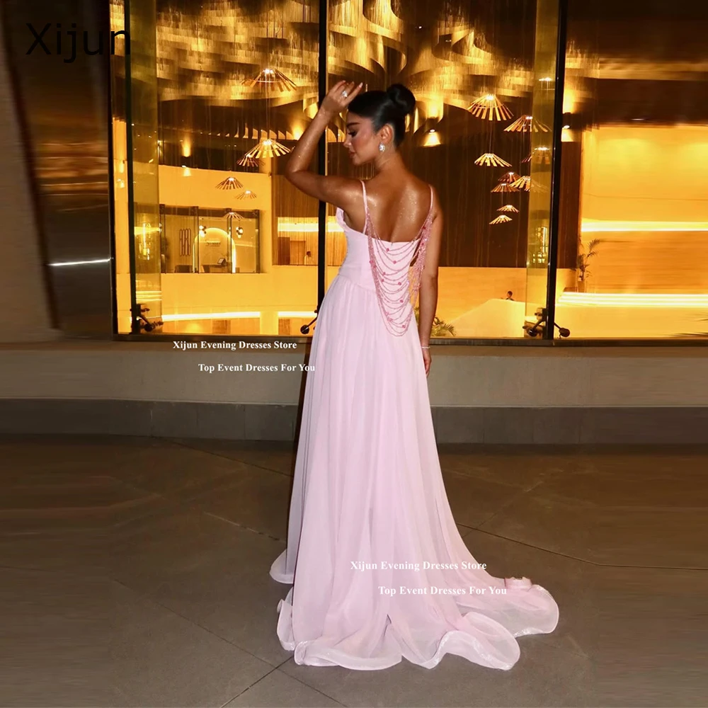 Xijun Pink Chiffon Long Evening Dresses Beading Sleeveless Saudi Arabric Prom Dresses Formal Occasion Prom Gowns 2025 Customized
