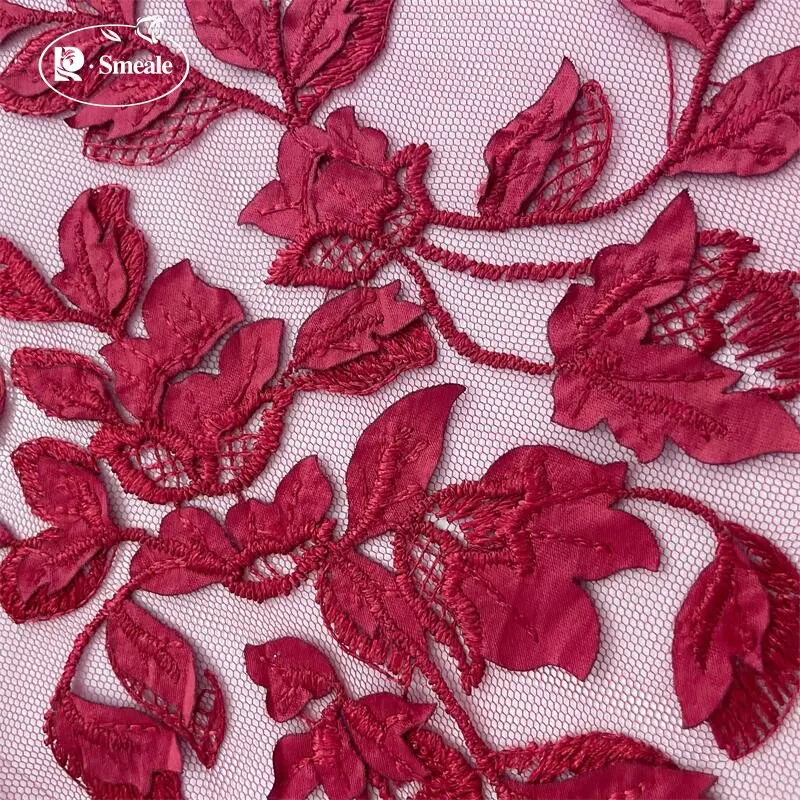 Handgefertigter Mesh-Spitzenstoff mit Blattapplikation, Hochzeitskleid, langer Rock, handgefertigte DIY-Accessoires, Weinrot, Weiß, RS4066 – Detail 3