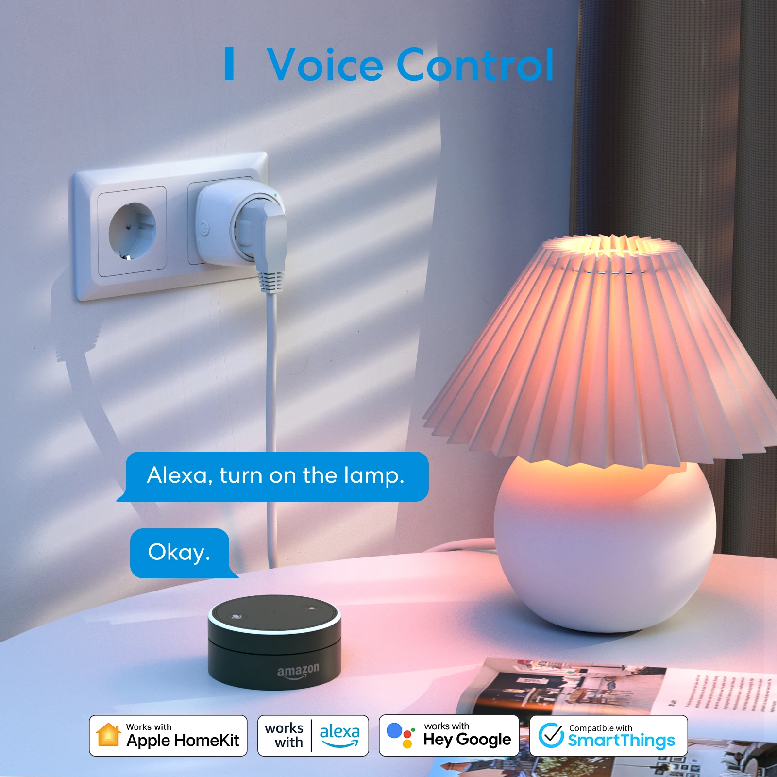 Meross colokan Cerdas WiFi 10A, soket listrik Outlet EU dengan fungsi Timer mendukung HomeKit Alexa Google Assistant barang cerdas