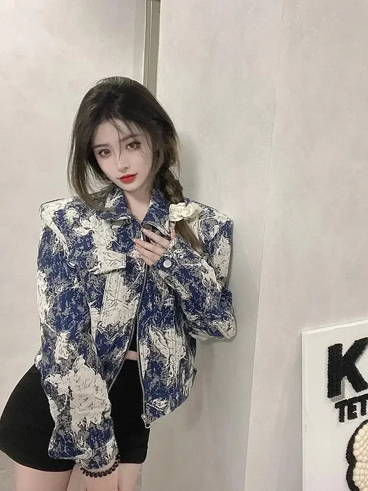 2025Ropa Mujer Tie-dye Frauen Jacken Streetwear Vintage Outwear Turndown Kragen Langarm Kausalen Mode Koreanische Y2k Mäntel