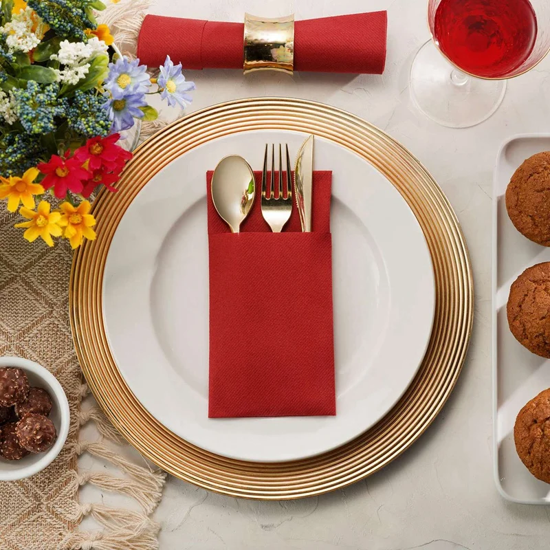 50PCS Disposable Dinner Napkins With Built-In Flatware Pocket,Prefolded Cloth Like Paper Napkins For Wedding Party Red Durable