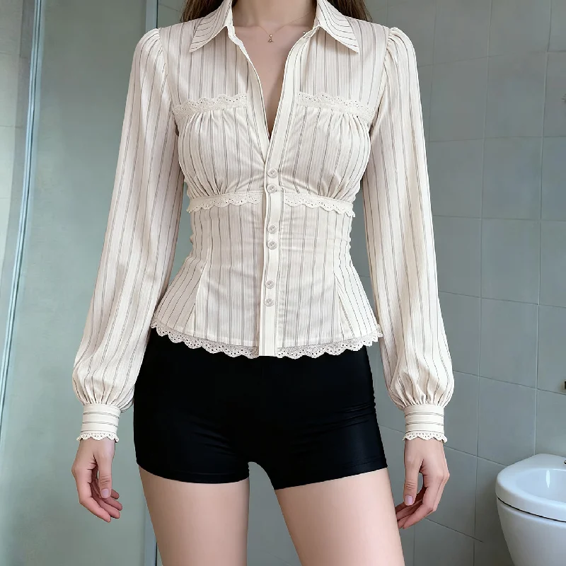 

Elegant Slim Turn Down Collar Stripes Shirts Women Casual Fashion Long Sleeve Shirts Top 2025 New Autumn Winter Women Shirt