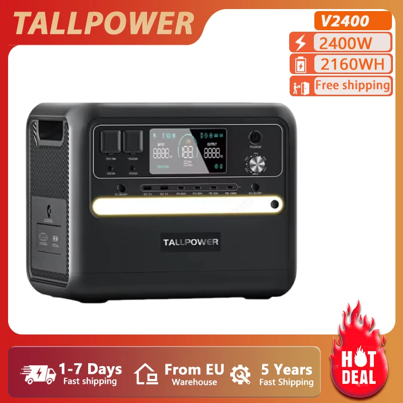 TALLPOWER V2400 2400W Portable Power Station 2160Wh LiFePO4 Battery Solar Generator for Home Emergency, Outdoor Camping, RV
