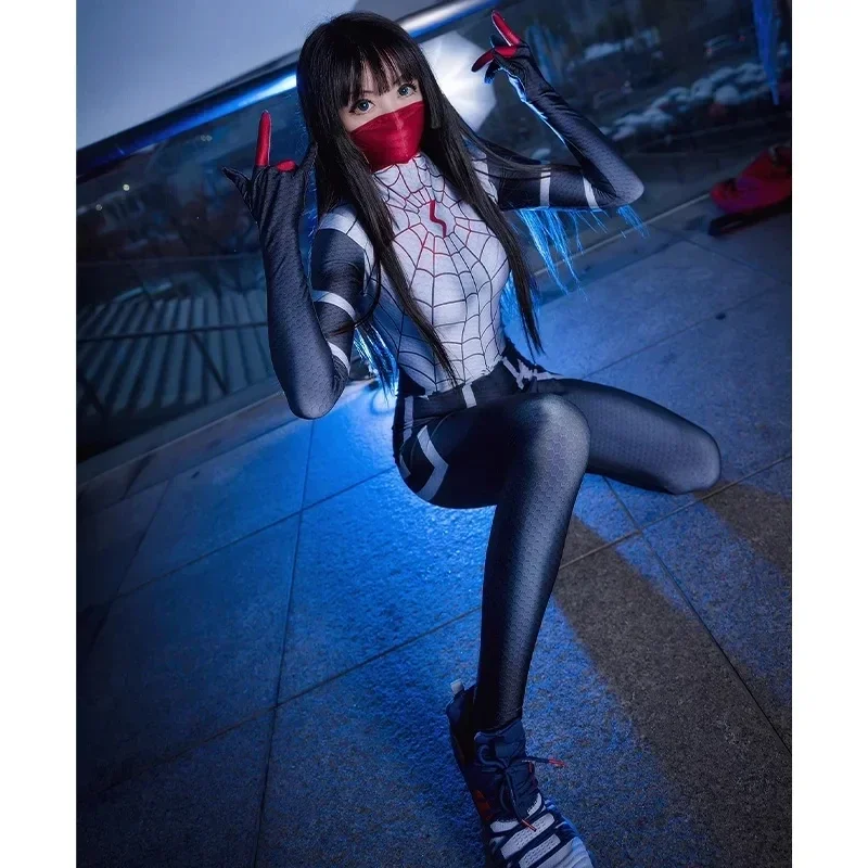 Macacão Spiderman Cosplay para mulheres, Cindy Moon, traje Zentai de seda super-herói, body Homem Aranha, traje adulto Halloween