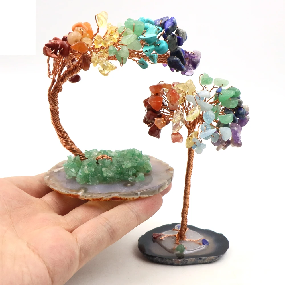 Natural Colorful Crystal Crushed Stone Fengtail Tree Crystal Agate Piece Base Copper Wire Winding Crafts Fortune Tree Ornament