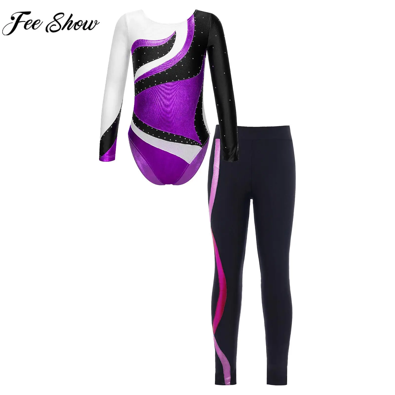 

Girls Ballet Dance Gymnastics Leotard Skating Performance Costume Long Sleeve Shiny Rhinestones Bodysuit with Pants Dancewear