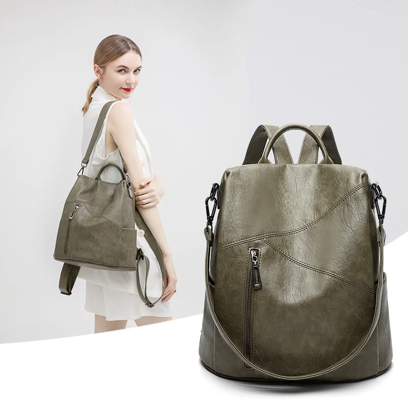 

Green Backpack Women Urban Bags Vintage Leather Backpacks Waterproof Large Pocket Backbag Business Female Travel Bag Anti-theft