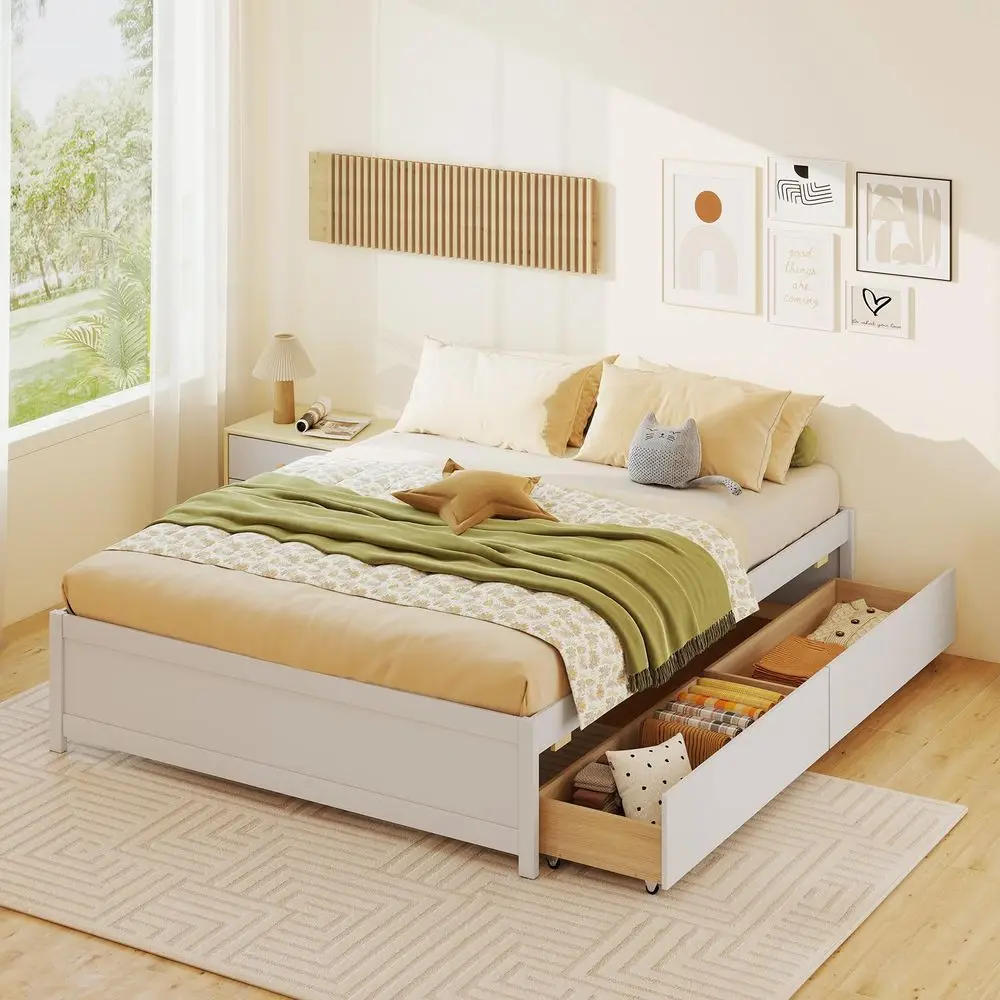 

Queen Size Wood Bed Frame with 2 Rolling Storage Drawers, Wooden Platform Bed Frame, Mattress Foundation with Wooden Slats Supp