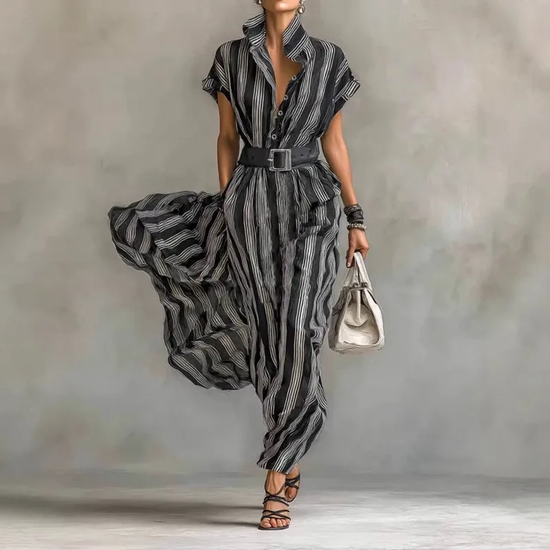 

Vintage Casual Summer Mid Dresses for Women Short Sleeved High Waist Stiped Print Single-breasted Shirt Dress Bohemian Vacation