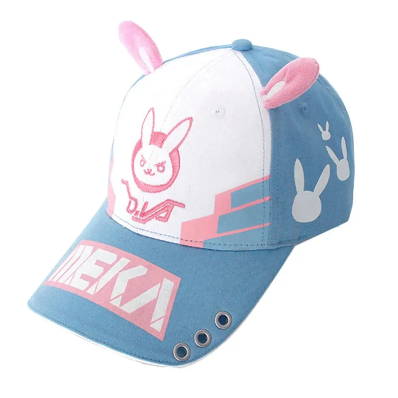 Juego de Anime overwatch d.va, sombrero de Cosplay con estampado de dibujos animados, bonita gorra de béisbol con Orejas de conejo, gorra de lengua de pato ajustable de algodón