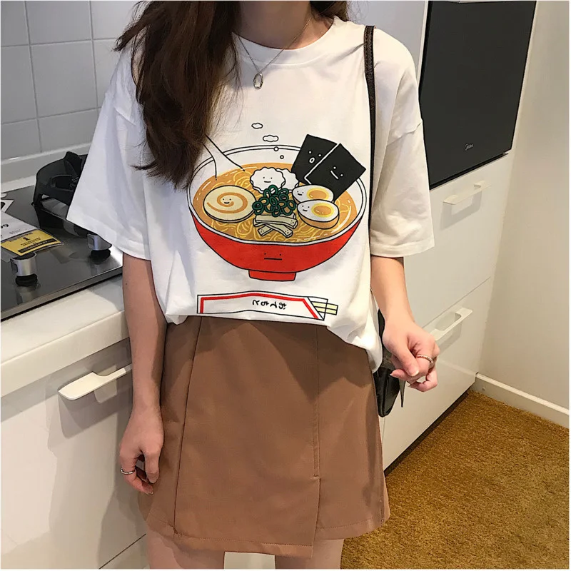 Japanese Style Summer Women Brand Clothing Comic Cartoon Kawaii Ramen Printed T-Shirt High Street Fashion Casual Tee Tops